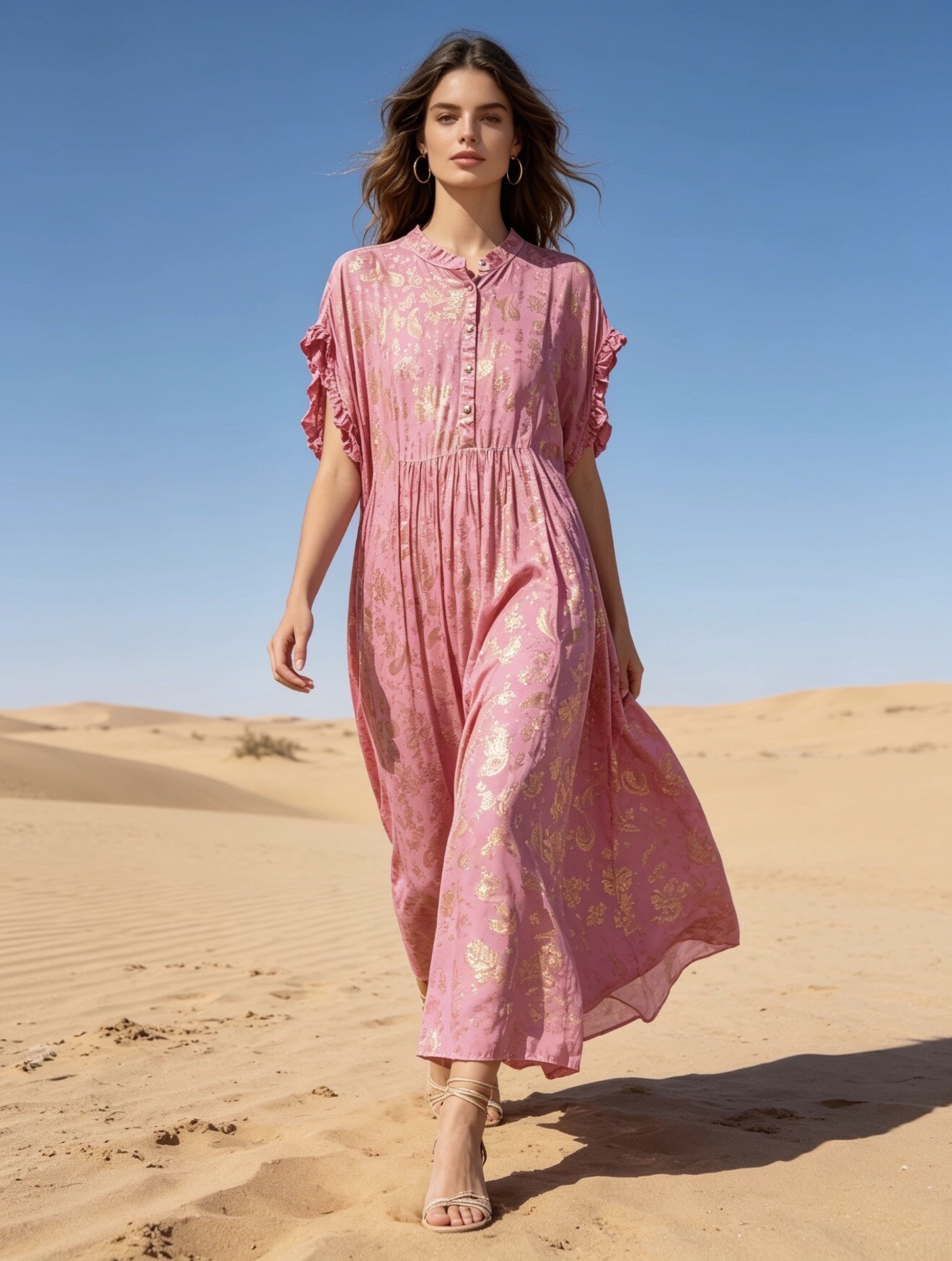 Wholesaler Last Queen - Maxi long dress with gold print, flared cut, washed-out style