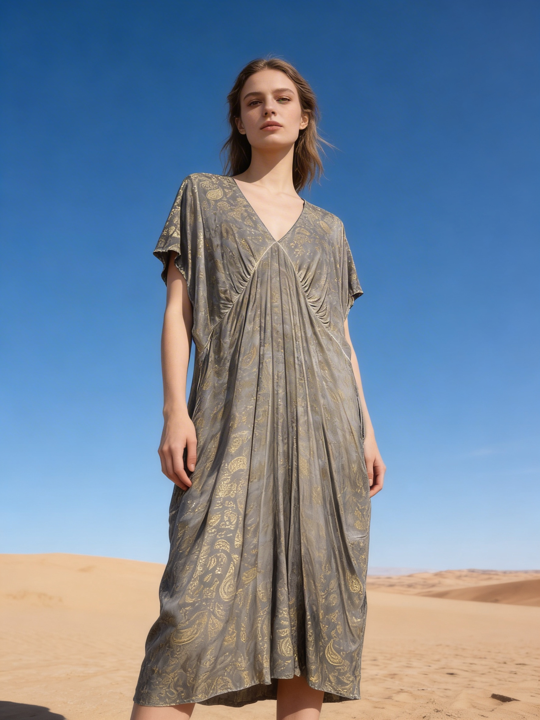 Mayorista Last Queen - Vestido largo con estampado dorado, cuello en V, corte acampanado