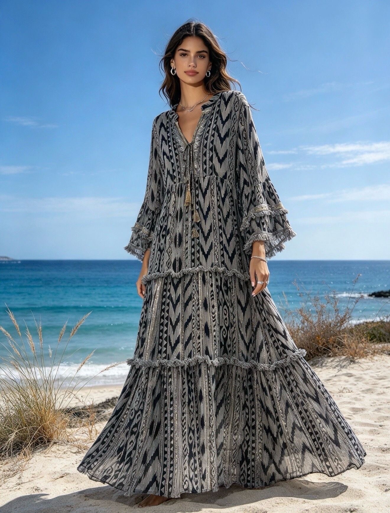 Mayorista Last Queen - Vestido Maxi fluido con estampado geométrico y LUREX, corte acampanado