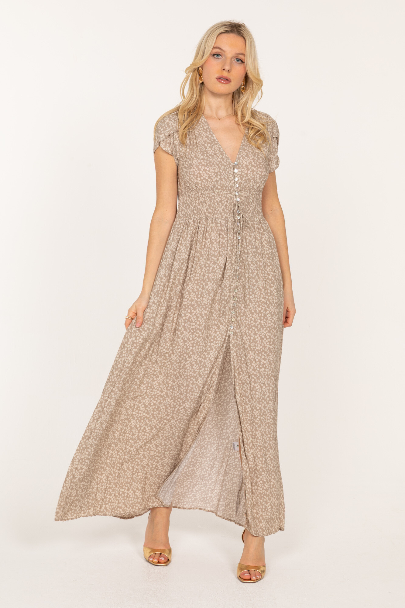 Großhändler Last Queen - Langes Kleid mit Blumendruck, vorne geknöpf