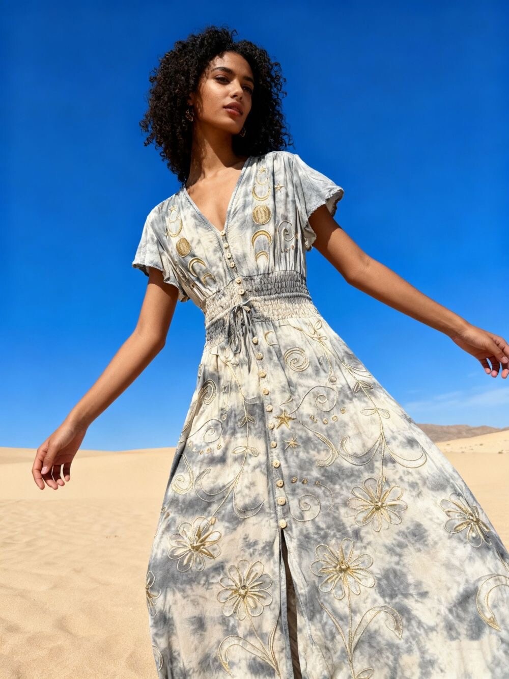 Wholesaler Last Queen - Long dress with embroidery, elastic waist, V-neck with front buttons