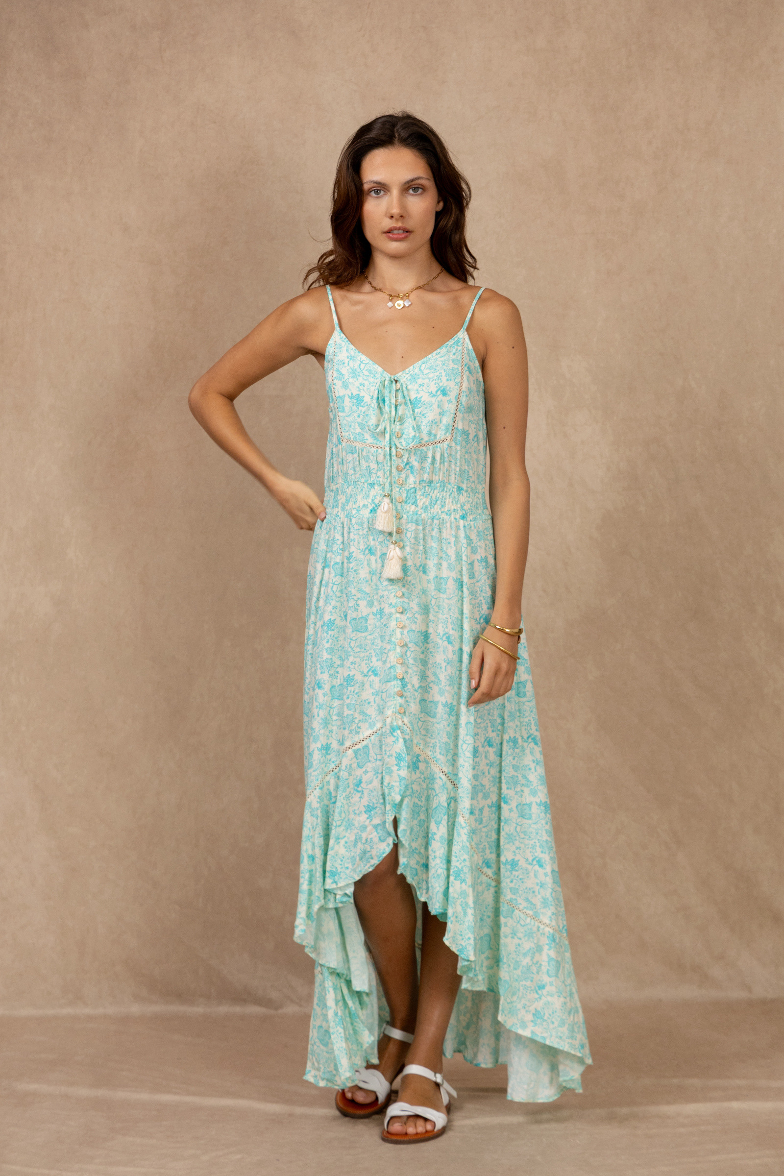 Wholesaler Last Queen - Long floral print tank dress with a tied V-neck