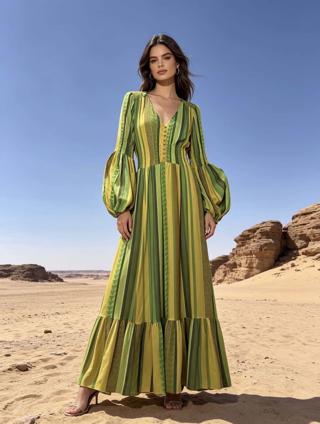 Mayorista Last Queen - Vestido largo estampado con botones frontales, cuello en V y mangas de farol