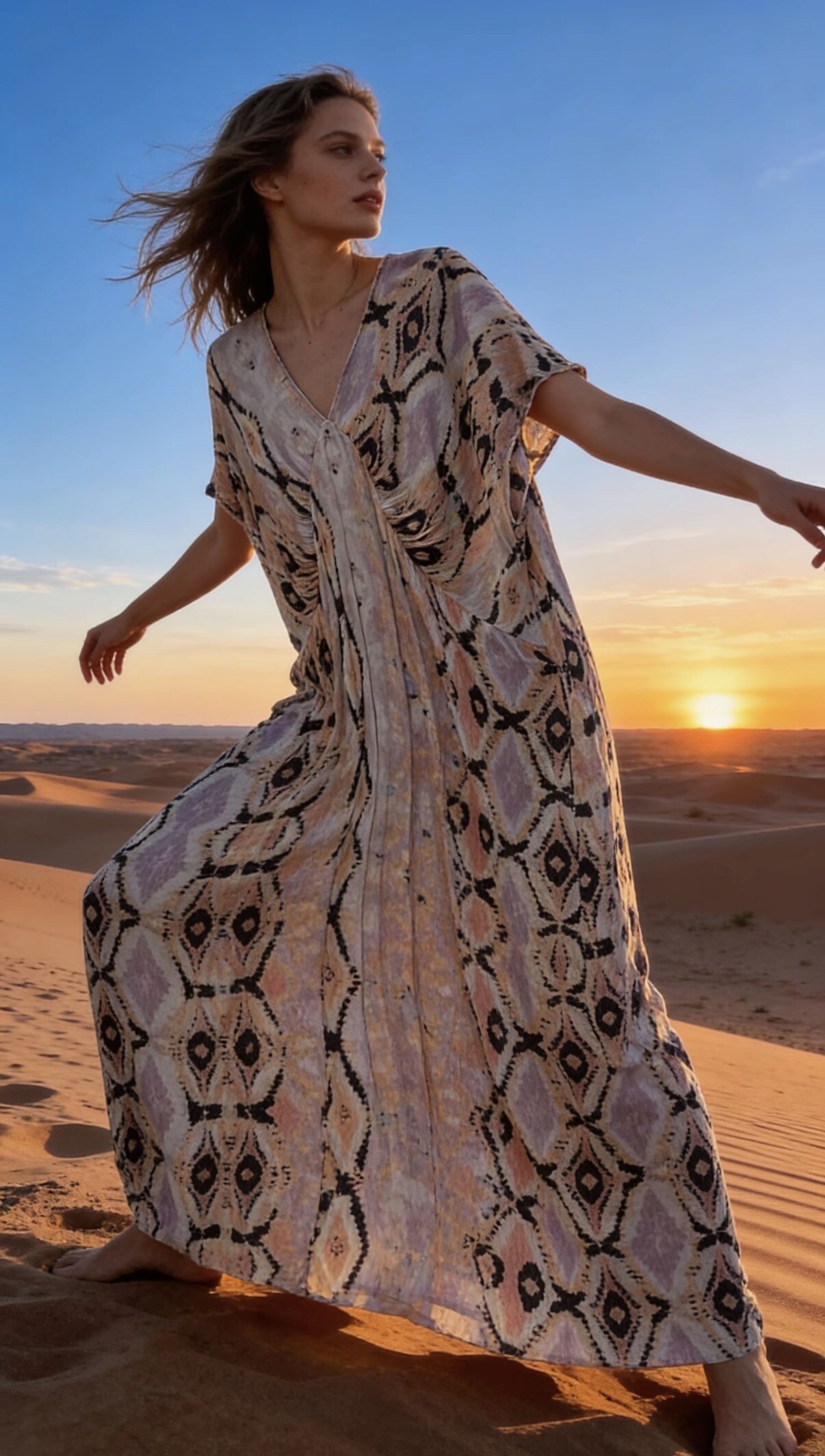 Mayorista Last Queen - Vestido largo fluido con estampado, cuello en V, corte acampanado, estilo desgastado