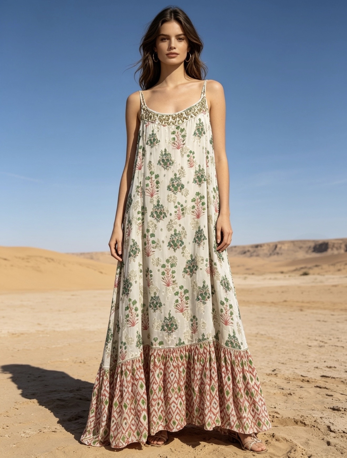 Mayorista Last Queen - Vestido largo con tirantes finos, estampado floral con Lurex, corte acampanado
