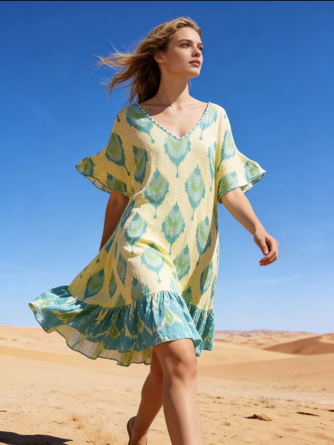 Mayorista Last Queen - Vestido midi estampado con Lurex, escote en V corte acampanado, tejido texturizado