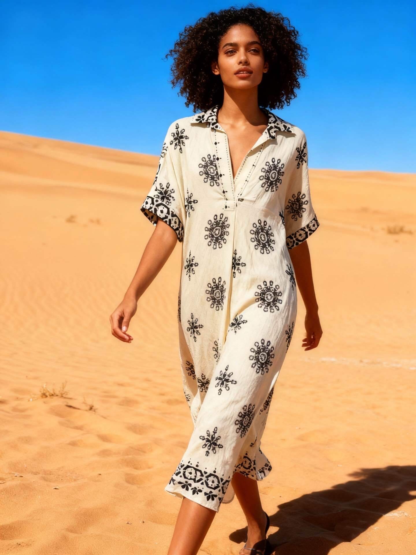 Wholesaler Last Queen - Long printed shirt dress, V-neck, flared cut with hidden pockets