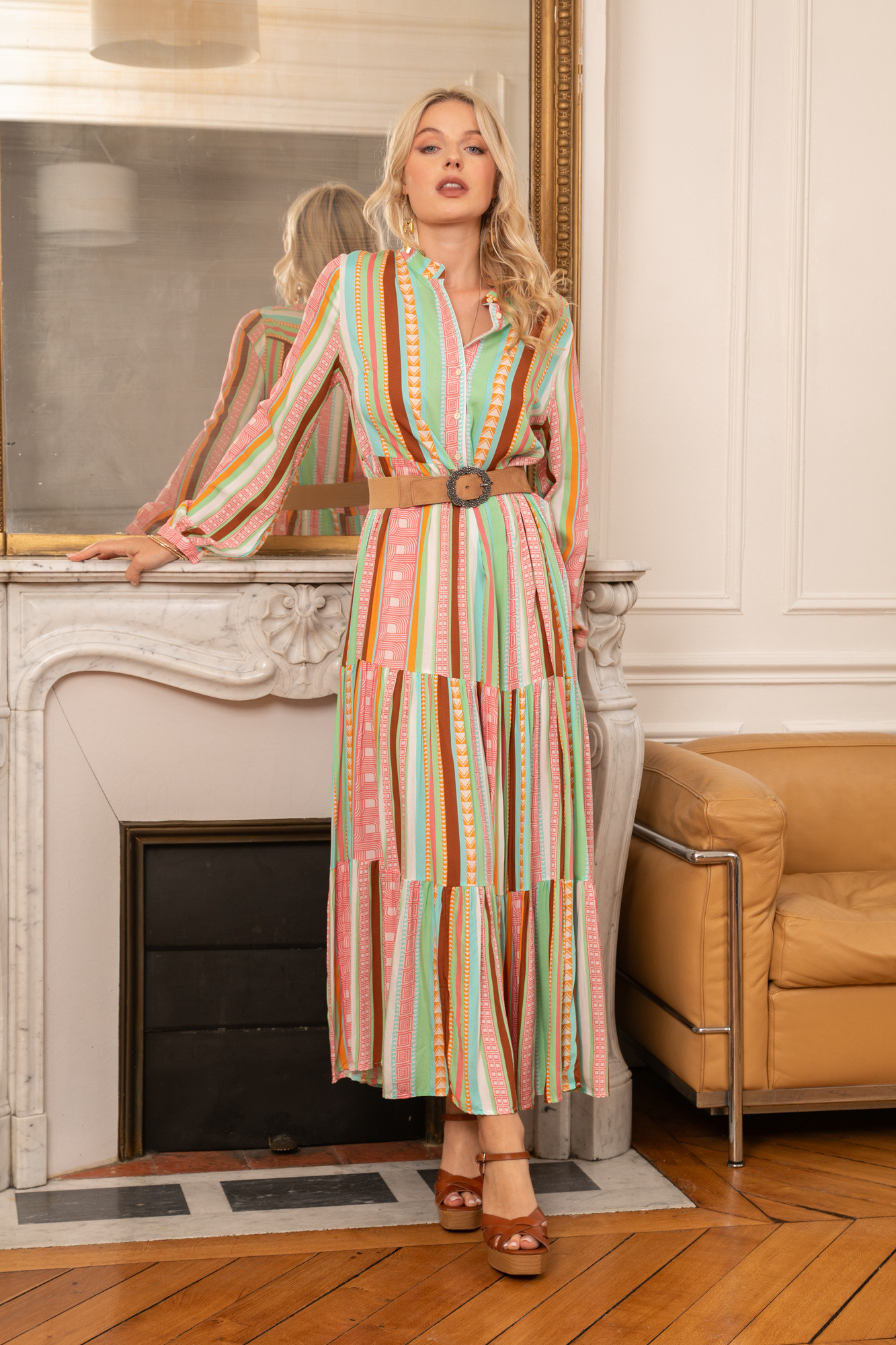 Grossiste Last Queen - Robe chemise à imprimé geométrique , coupe évasée avec fronces