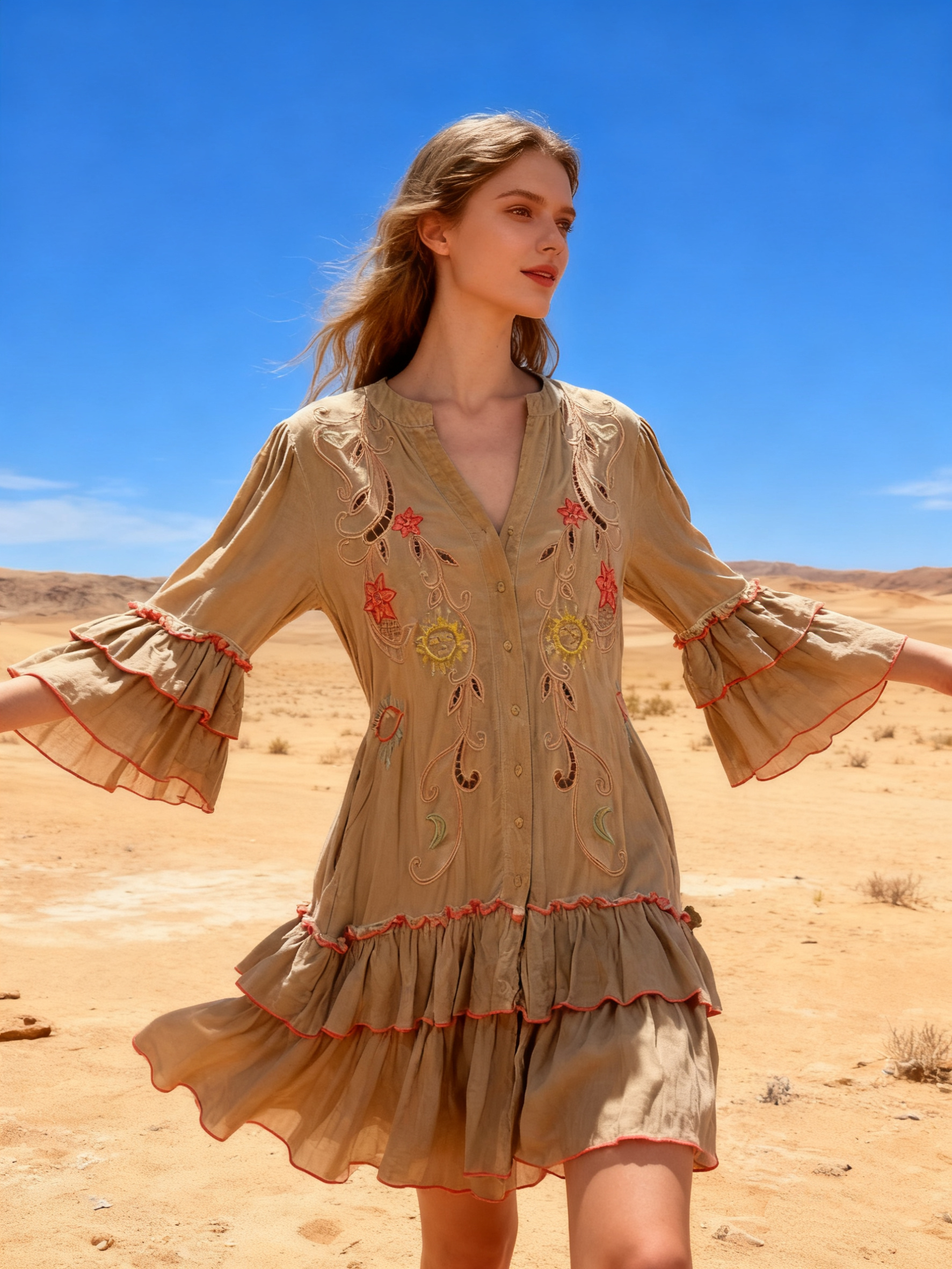Wholesaler Last Queen - Mid-length dress with embroidered cut-out details, flared ruffle hem, V-neck