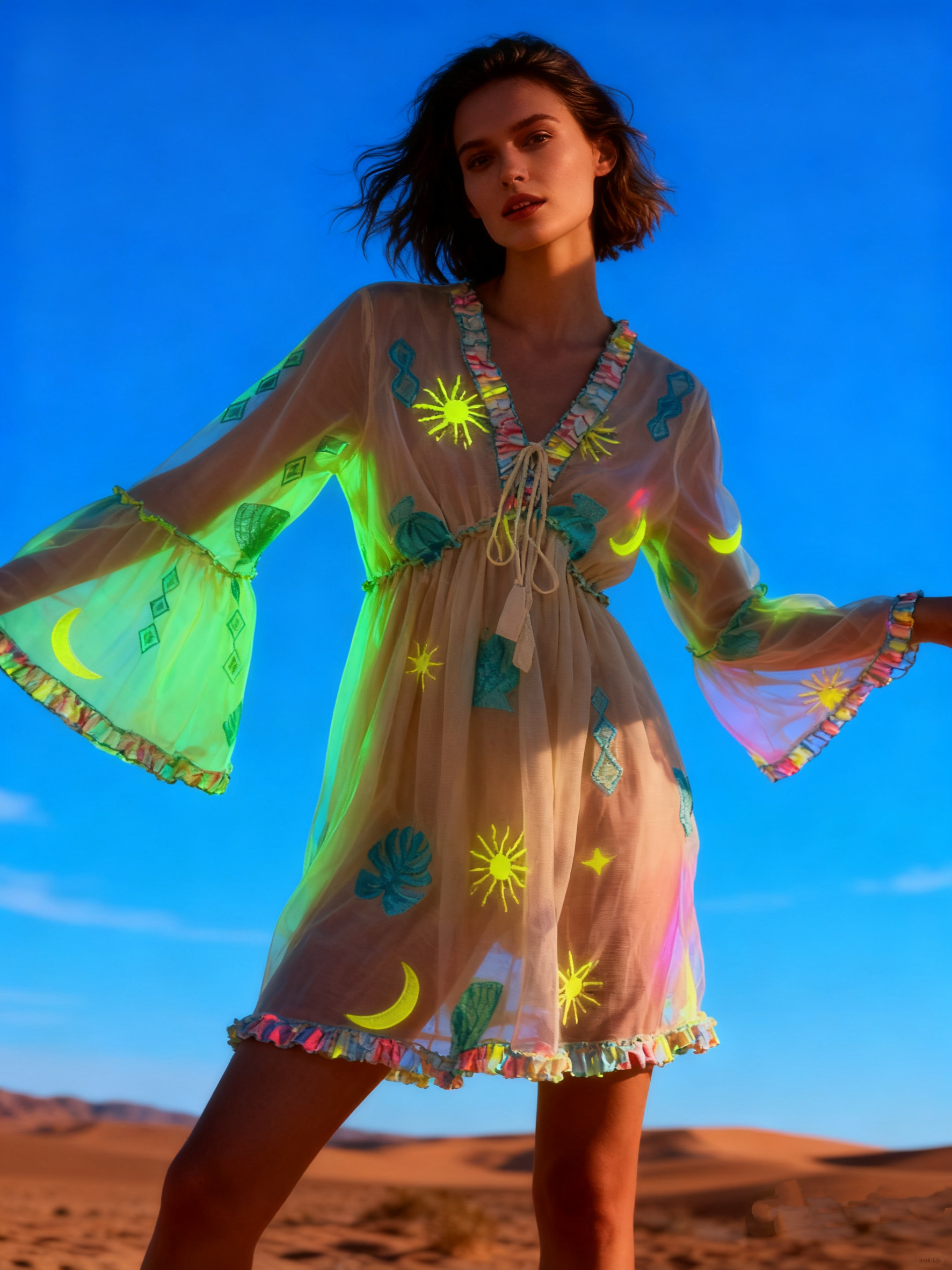 Wholesaler Last Queen - Flowy midi dress with fluorescent effect embroidery