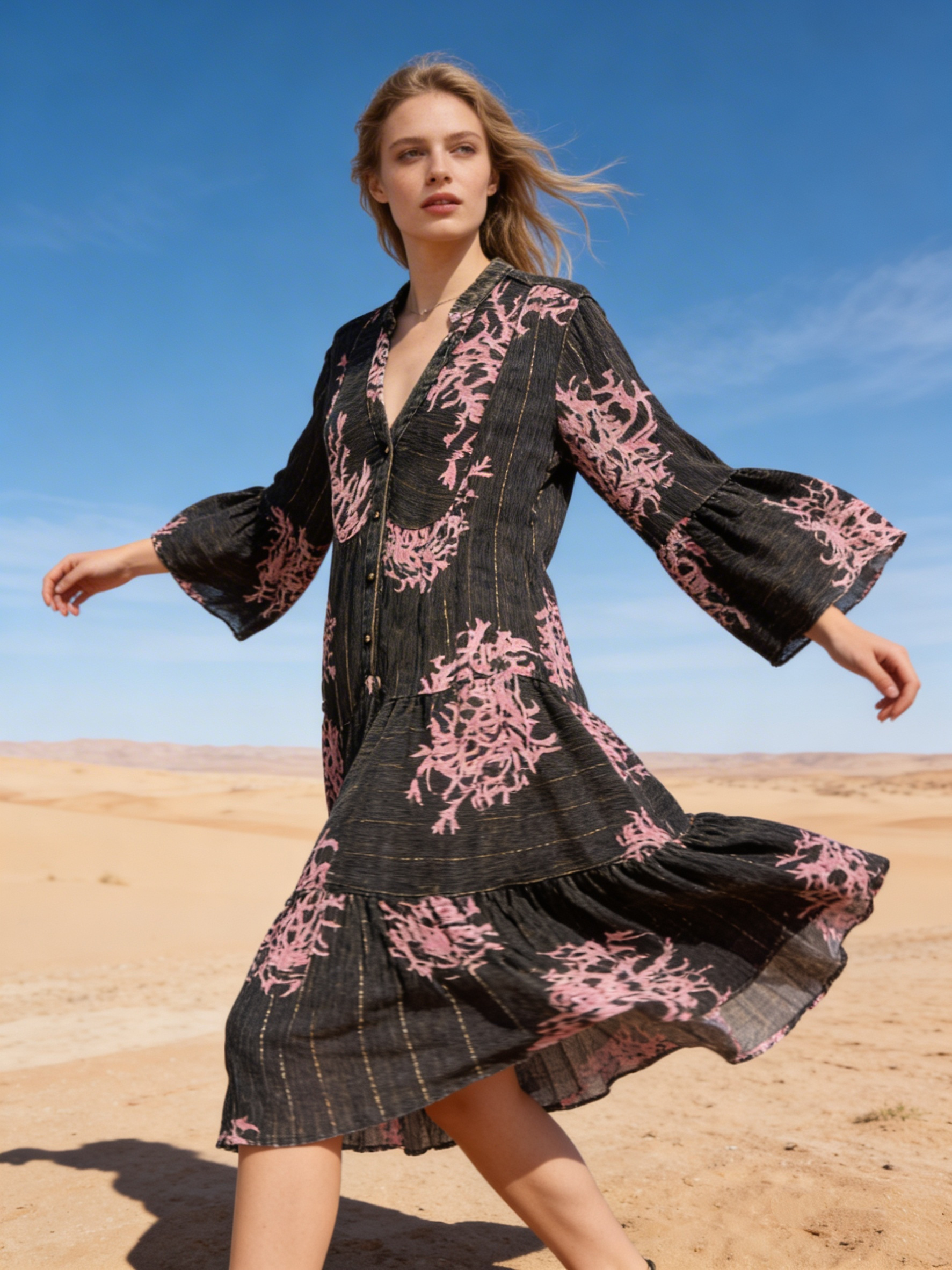 Mayorista Last Queen - Vestido largo con estampado coral, estilo desgastado con Lurex, corte acampanado