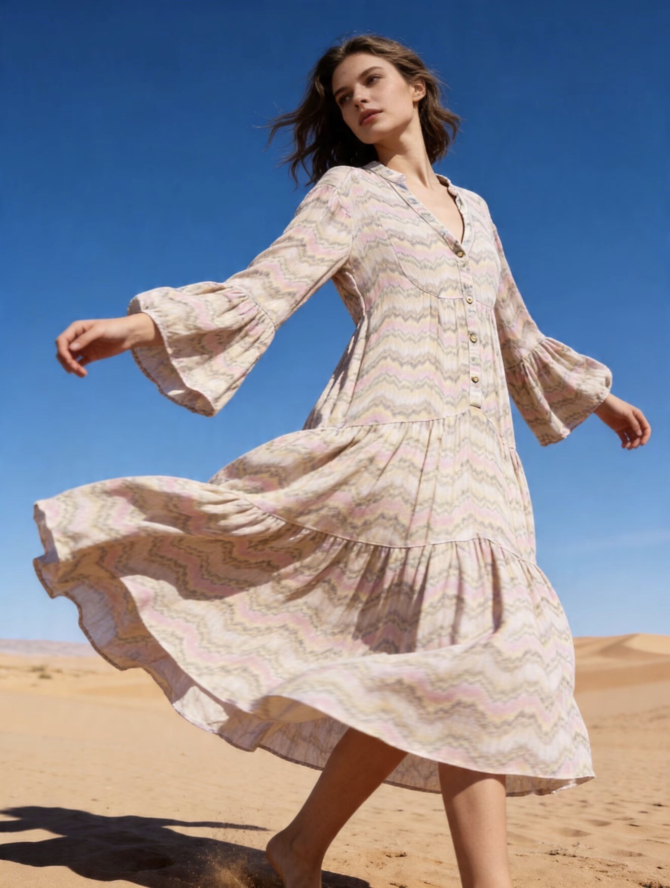 Mayorista Last Queen - Vestido largo fluido con estampado, corte acampanado con botones delanteros, estilo desteñido
