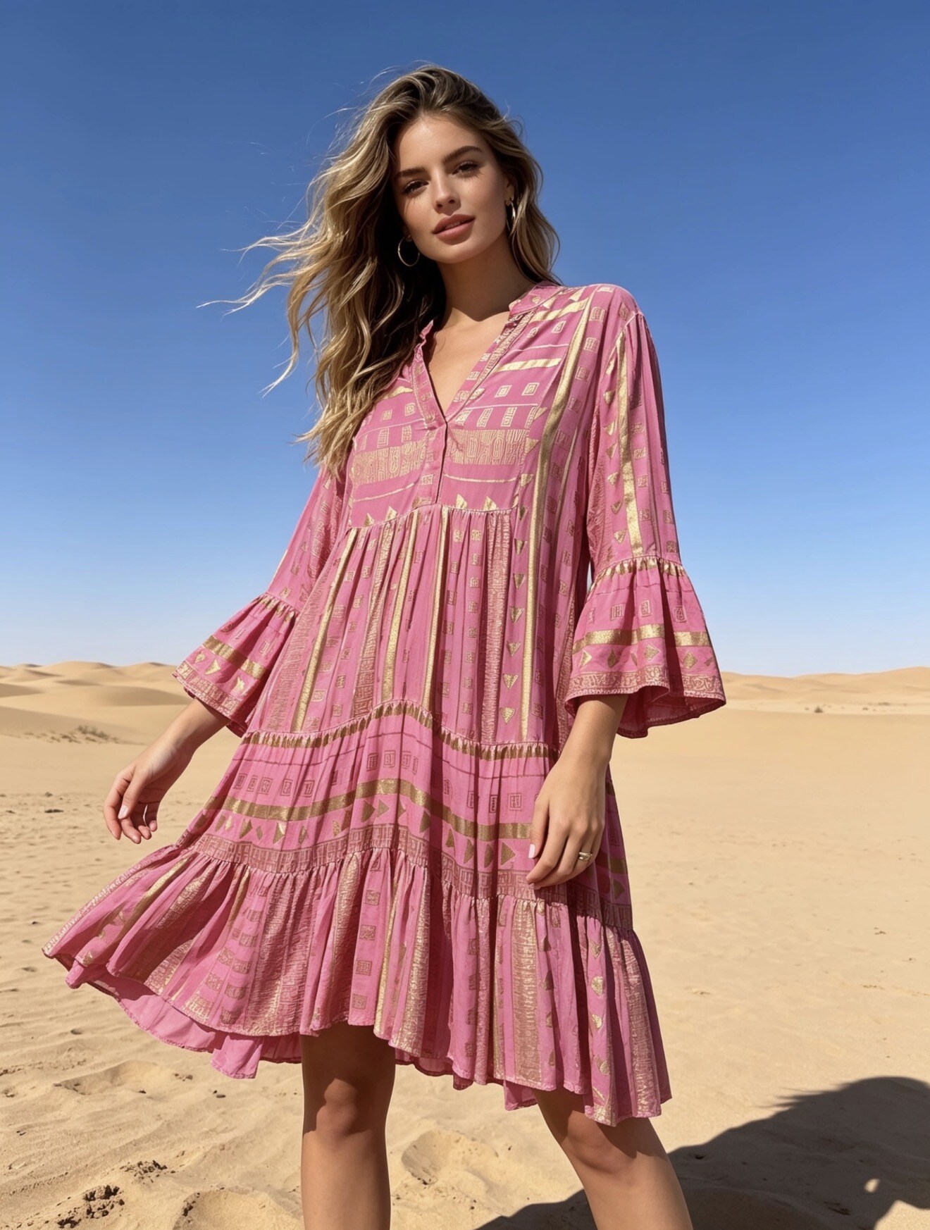Wholesaler Last Queen - Mid-length dress with gilded print effect, flared cut, washed-out style