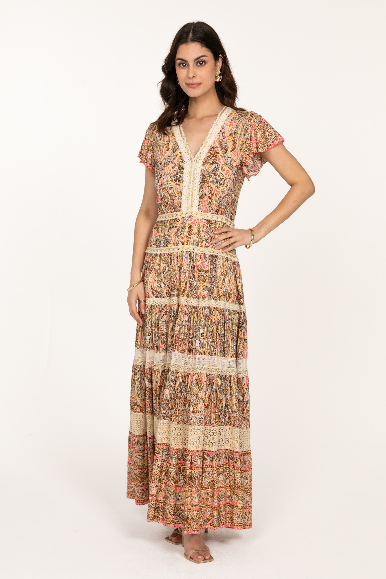 Grossista Last Queen - Abito da V -Neck lungo con pizzo, stampa bohémien con effetto dorato