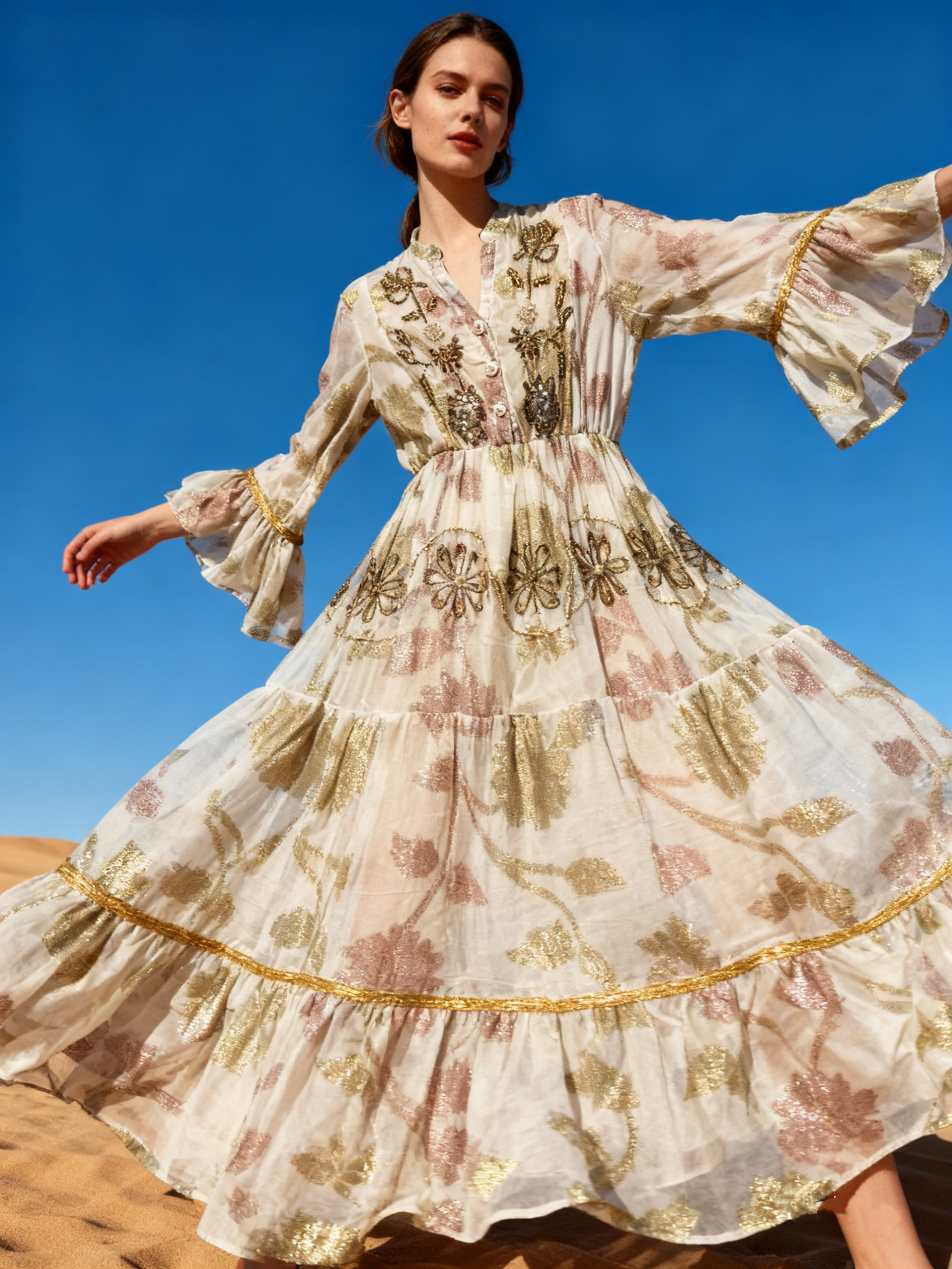Wholesaler Last Queen - Flowy long dress embroidered with sequins and rhinestones, with lining