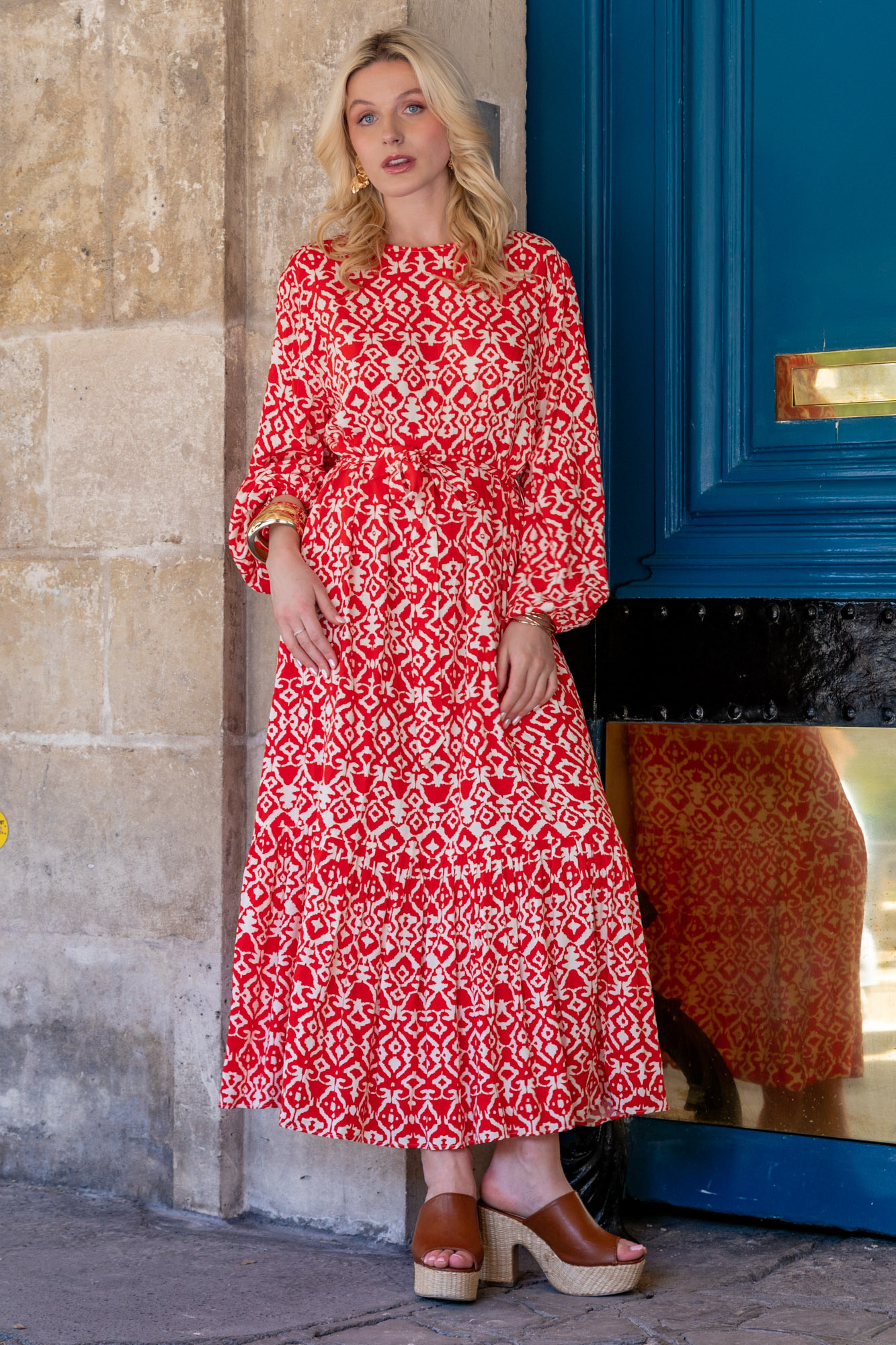 Grossiste Last Queen - Robe longue ceinturée à imprimé ehnique , col rond avec poches invisibles