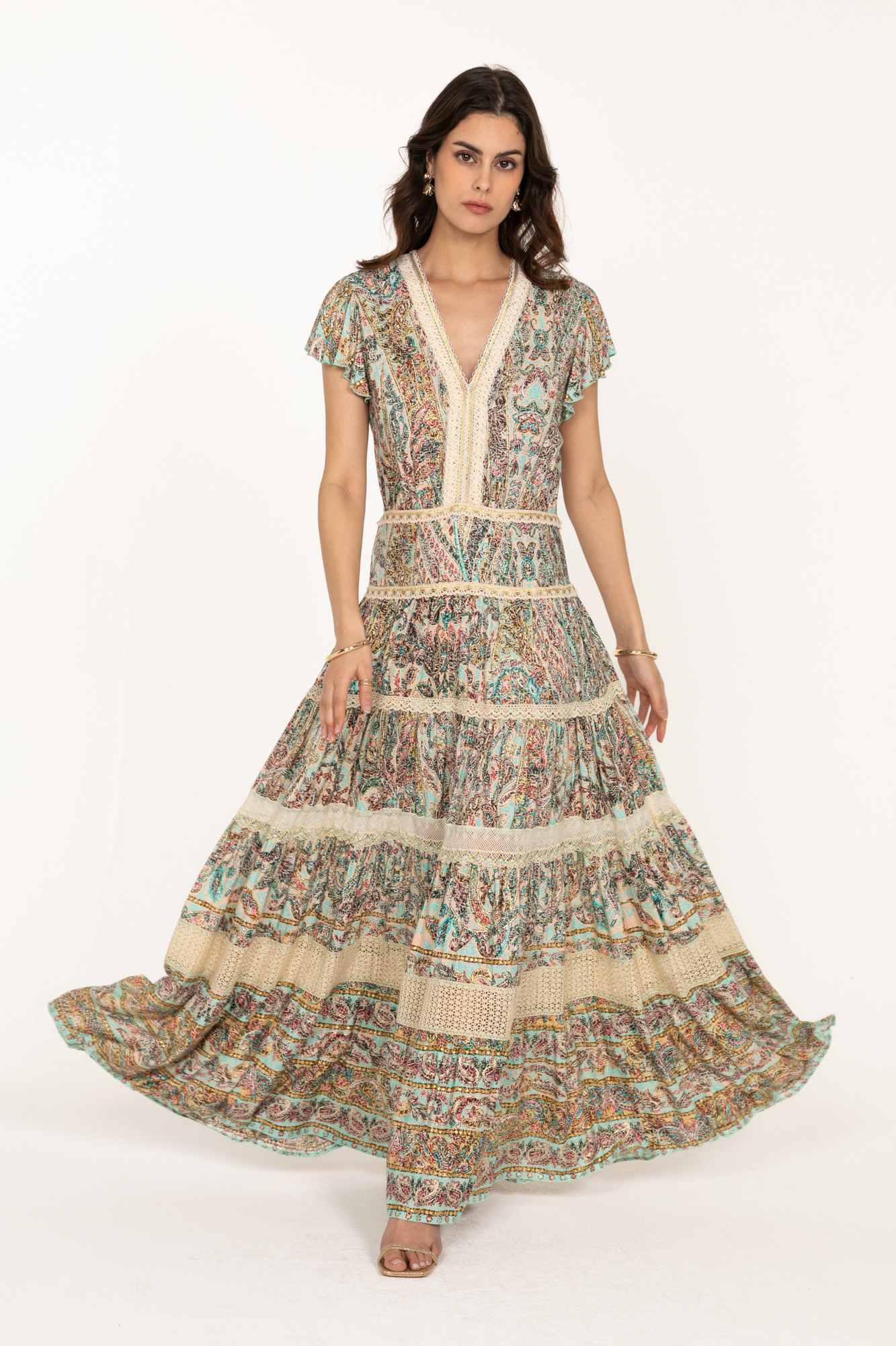 Grossista Last Queen - Abito da V -Neck lungo con pizzo, stampa bohémien con effetto dorato