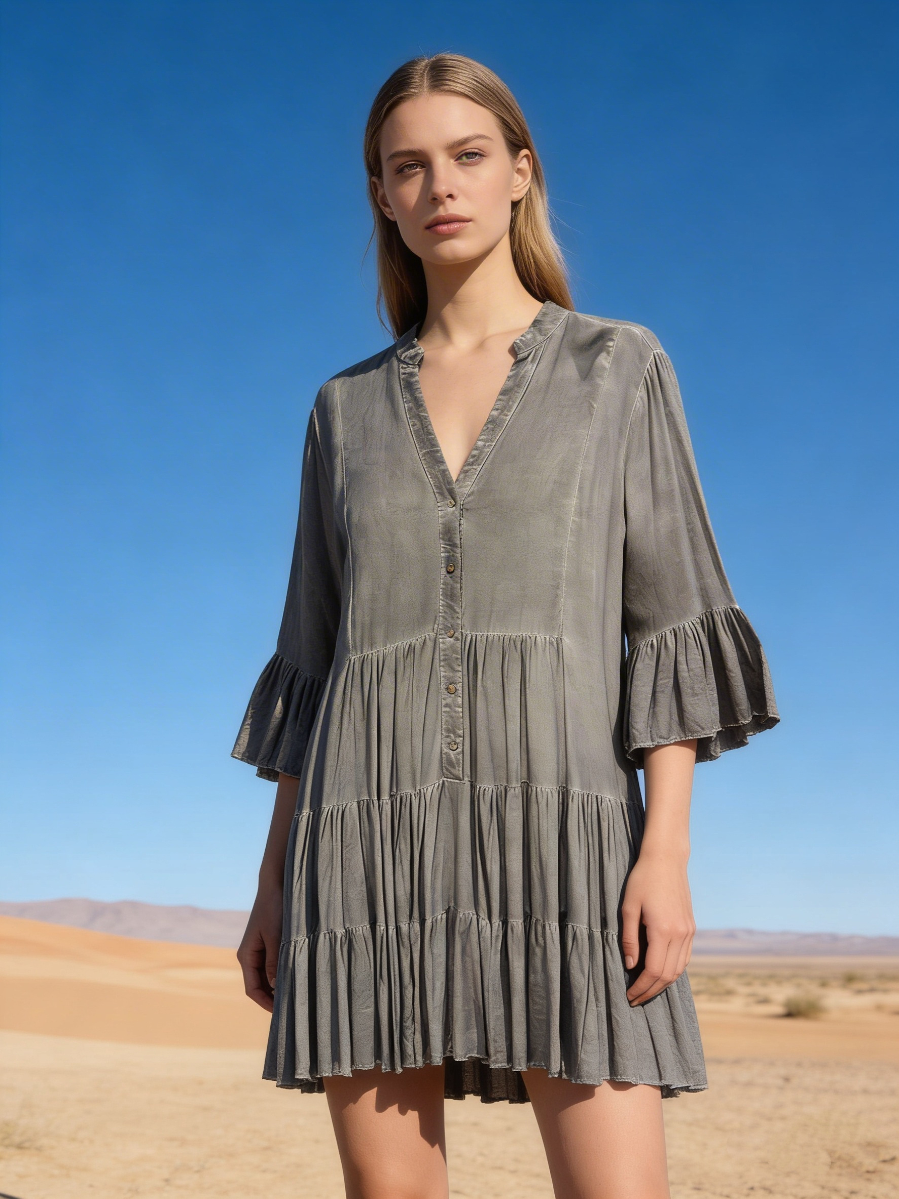 Mayorista Last Queen - Vestido túnica estilo desgastado, cuello en V con frunces, corte acampanado