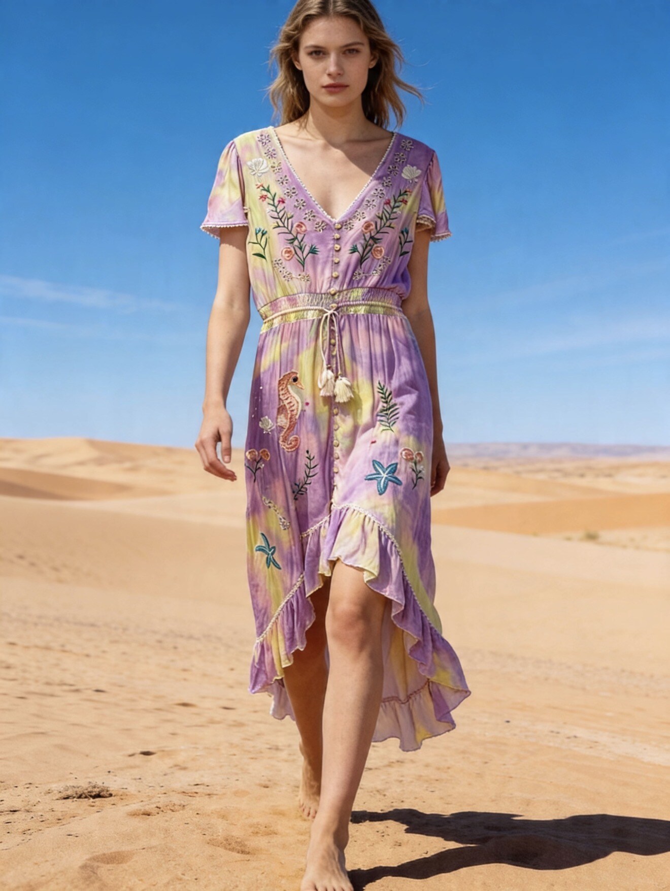 Mayorista Last Queen - Vestido largo asimétrico con bordado floral, cuello en V, abotonado al frente
