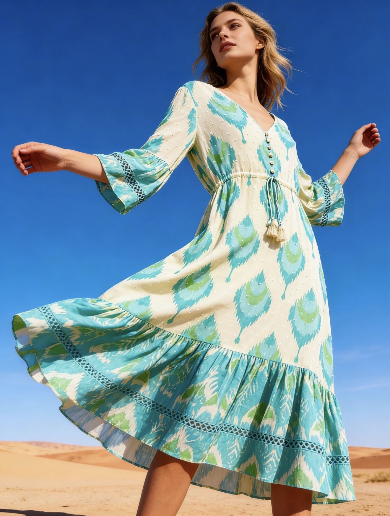 Mayorista Last Queen - Vestido largo texturizado con estampado étnico, cuello en V con lazos para atar