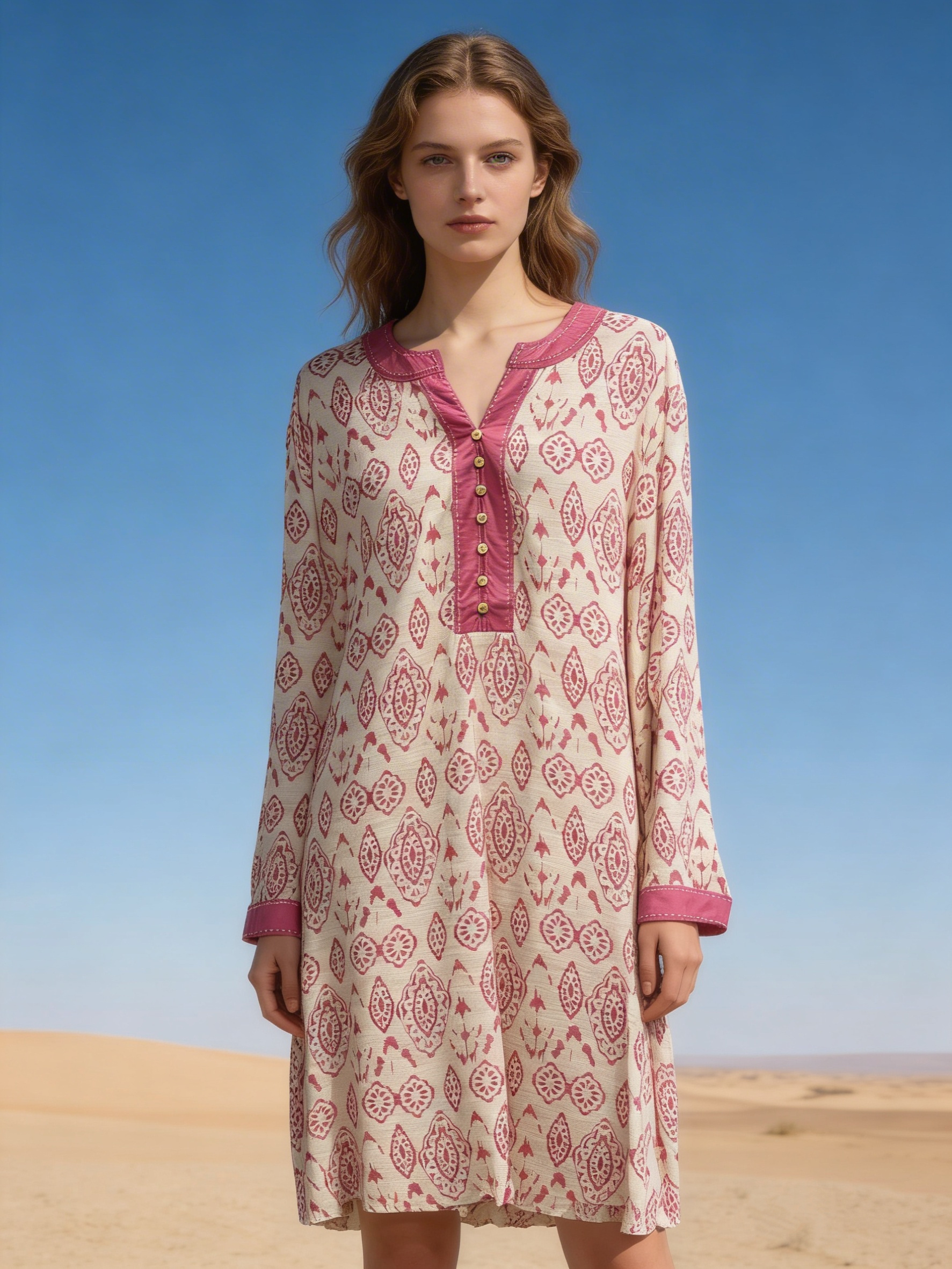 Mayorista Last Queen - Vestido de media longitud con estampado, corte clásico con tejido texturizado, cuello en V