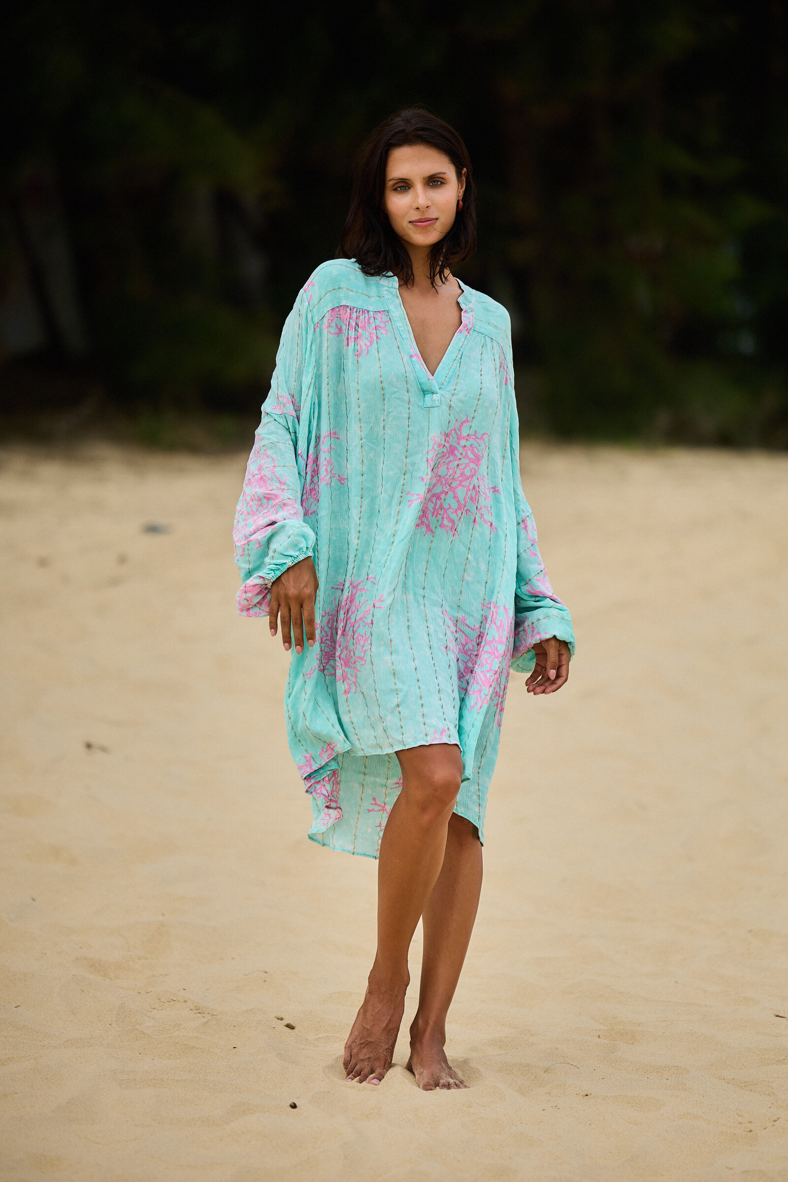 Grossiste Last Queen - Robe chemise à imprimé corail  , style délavé avec Lurex, coupe évasée
