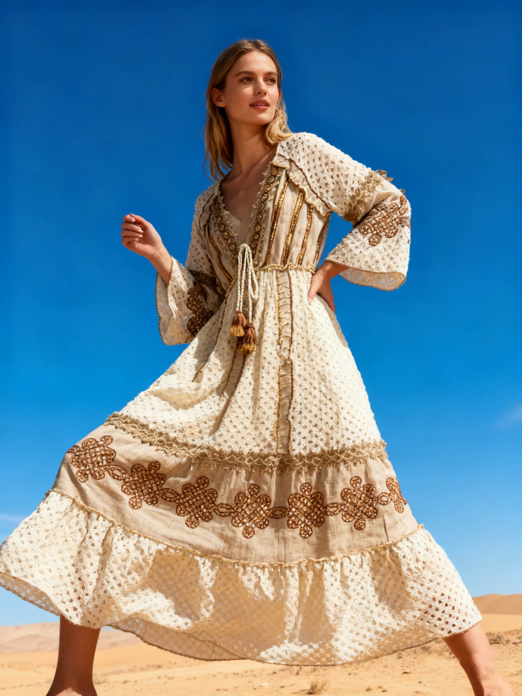 Wholesaler Last Queen - Long lace and embroidered dress, V-neck with lining