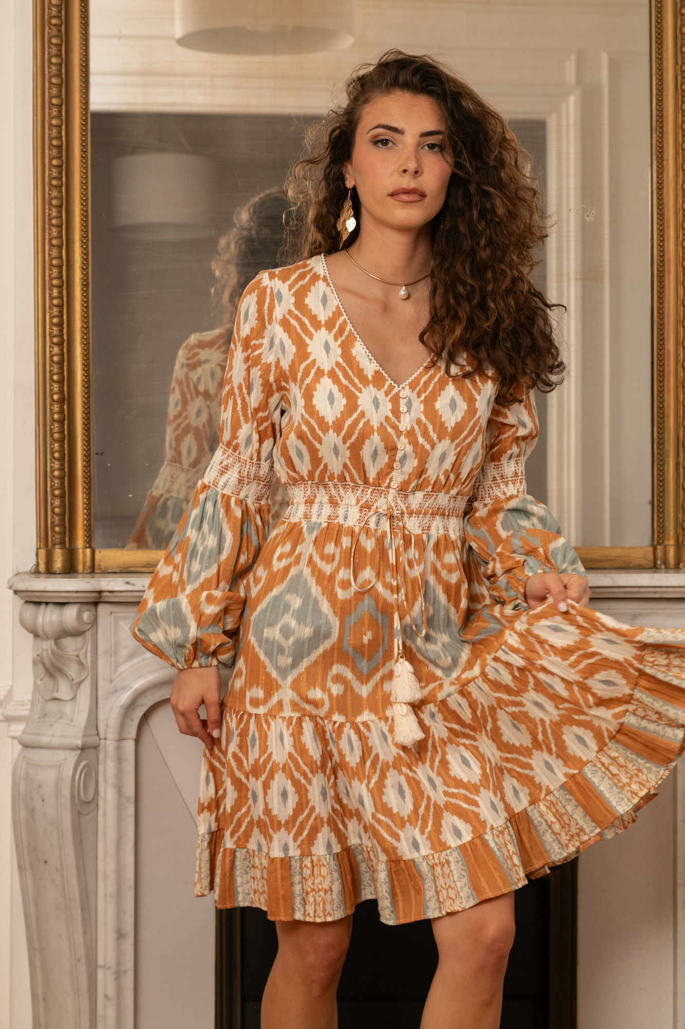 Grossiste Last Queen - Robe mi-longue à  impriméavec Lurex , coupe évasée avec détail ajouré
