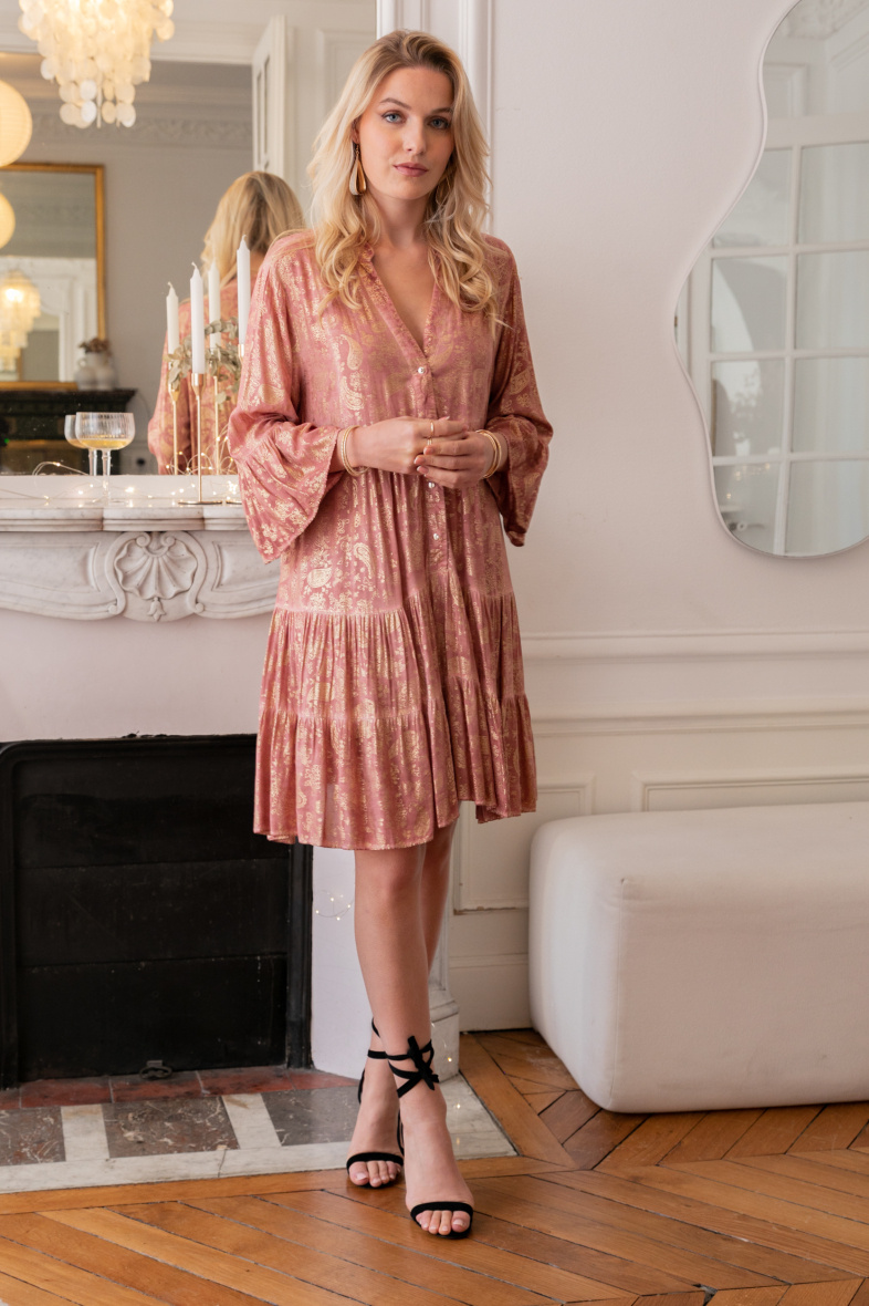 Grossiste Last Queen - Robe tunique évasé à imprimé avec effet dorure