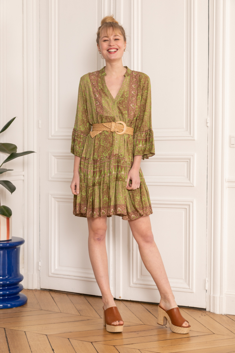 Grossiste Last Queen - Robe tunique à imprimé bohème , coupe évasée à fronces