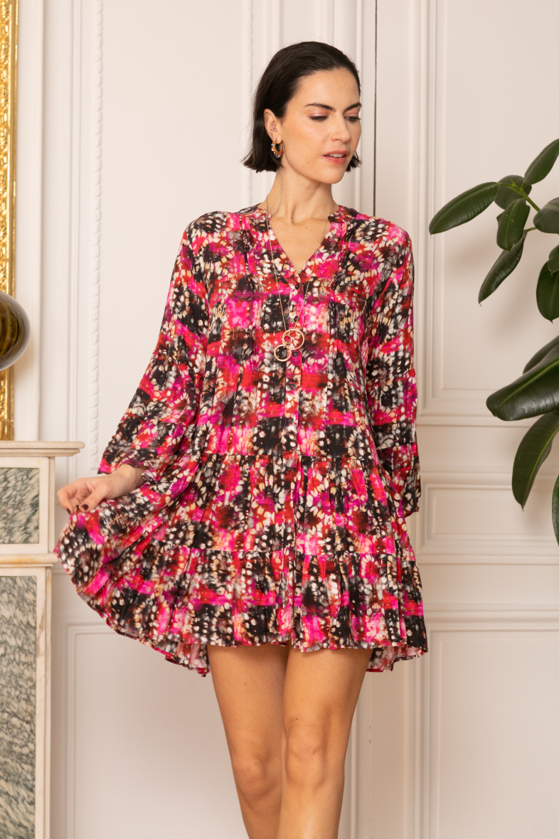 Grossiste Last Queen - Robe tunique à imprimé  boutonnée devant , coupe évasée avec fronces