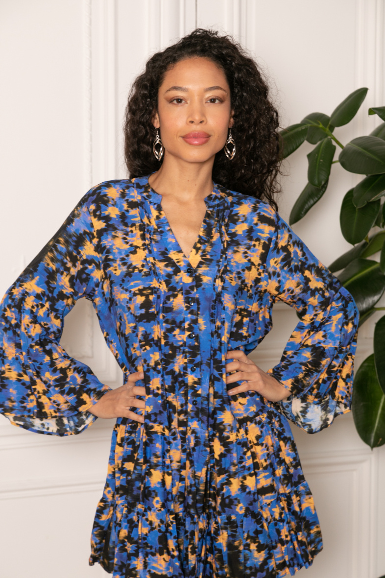 Grossiste Last Queen - Robe tunique à imprimé  boutonnée devant , coupe évasée avec fronces