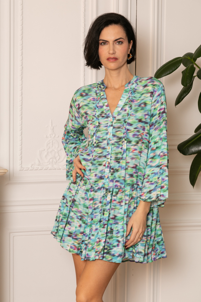Grossiste Last Queen - Robe tunique à imprimé  boutonnée devant , coupe évasée avec fronces