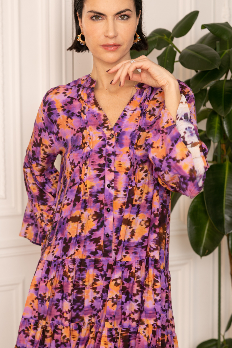Grossiste Last Queen - Robe tunique à imprimé  boutonnée devant , coupe évasée avec fronces