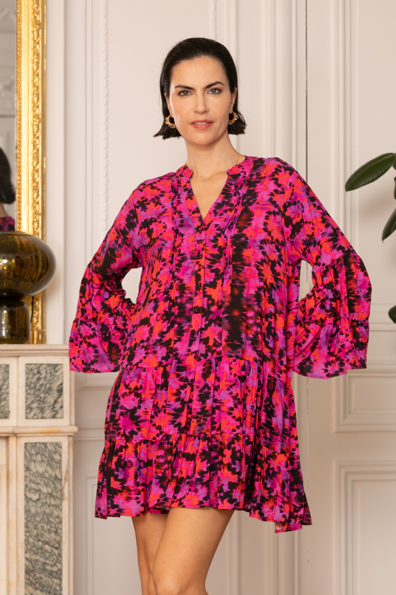Grossiste Last Queen - Robe tunique à imprimé  boutonnée devant , coupe évasée avec fronces