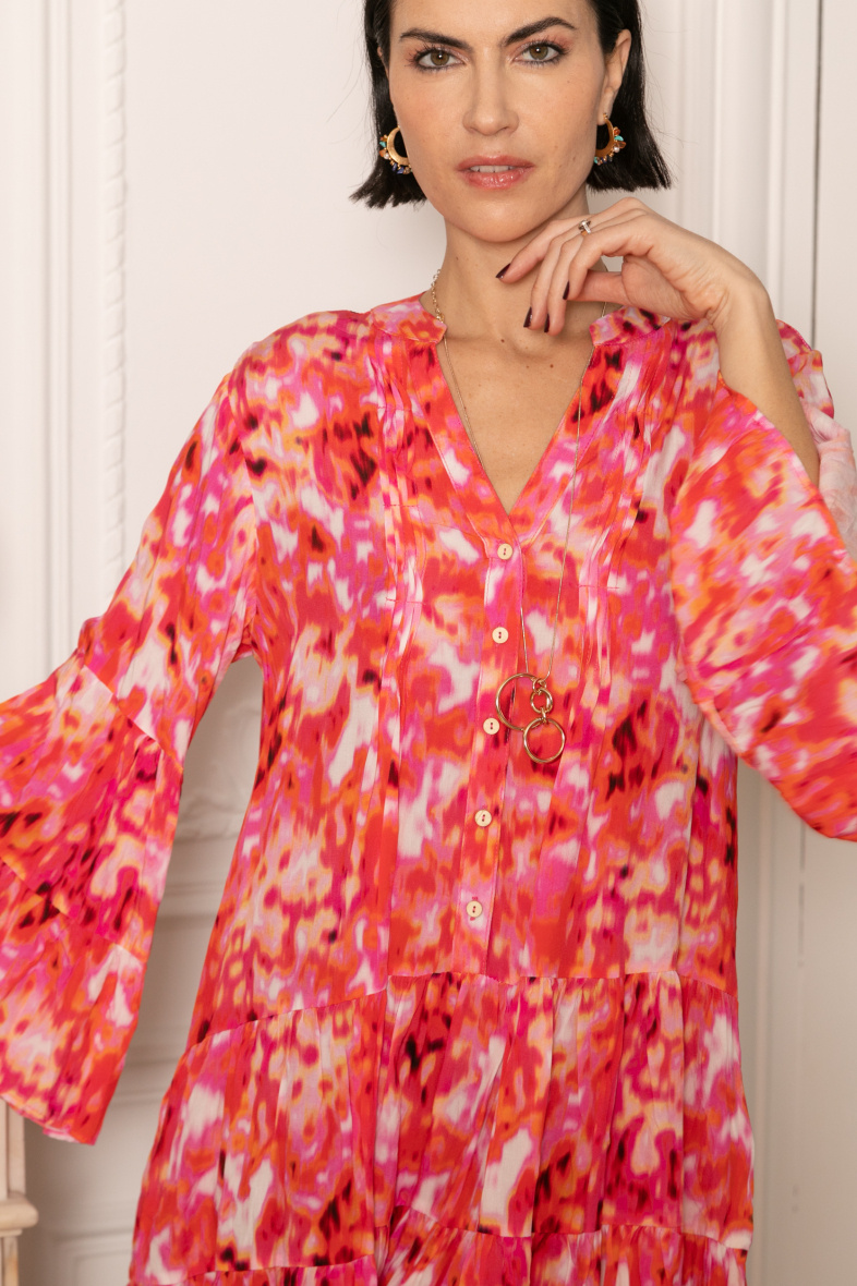 Grossiste Last Queen - Robe tunique à imprimé  boutonnée devant , coupe évasée avec fronces