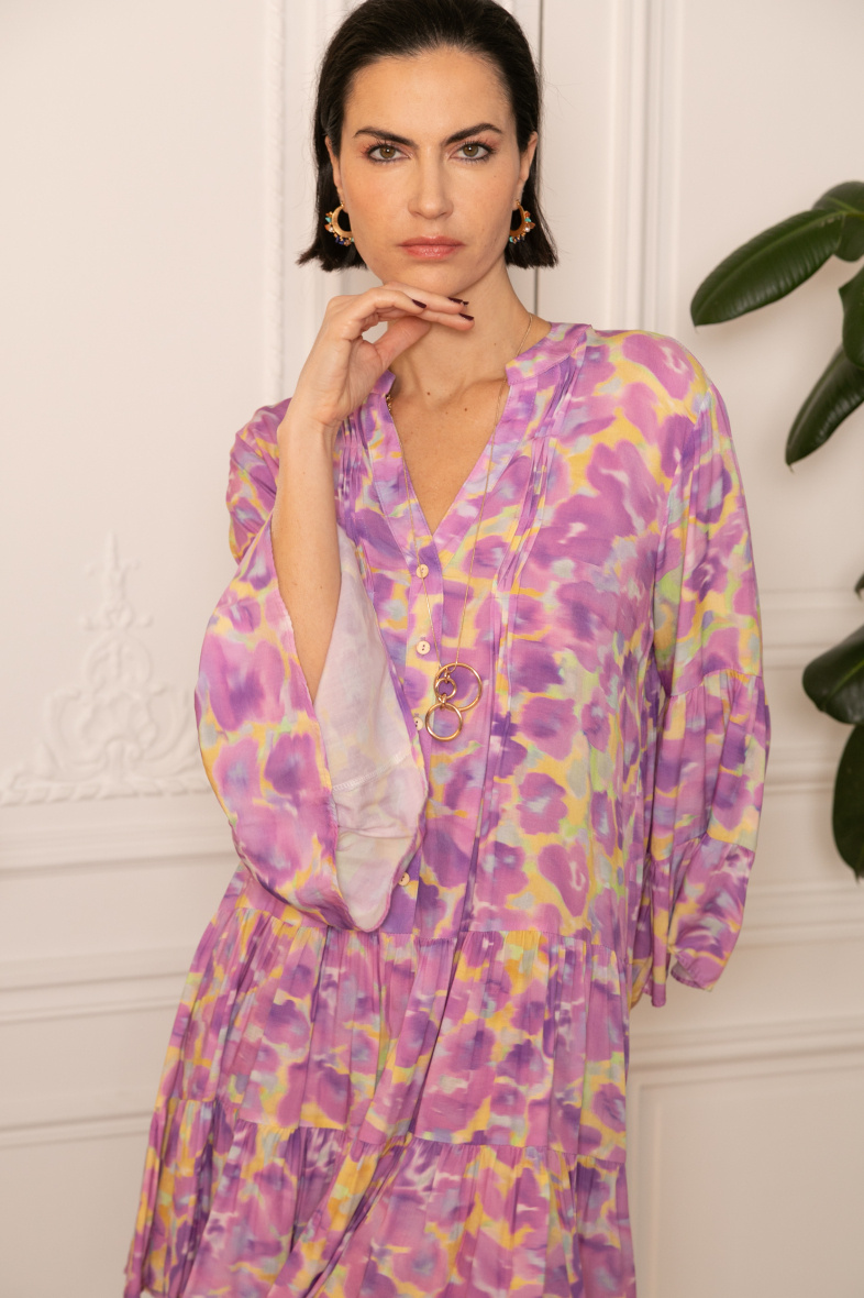 Grossiste Last Queen - Robe tunique à imprimé  boutonnée devant , coupe évasée avec fronces