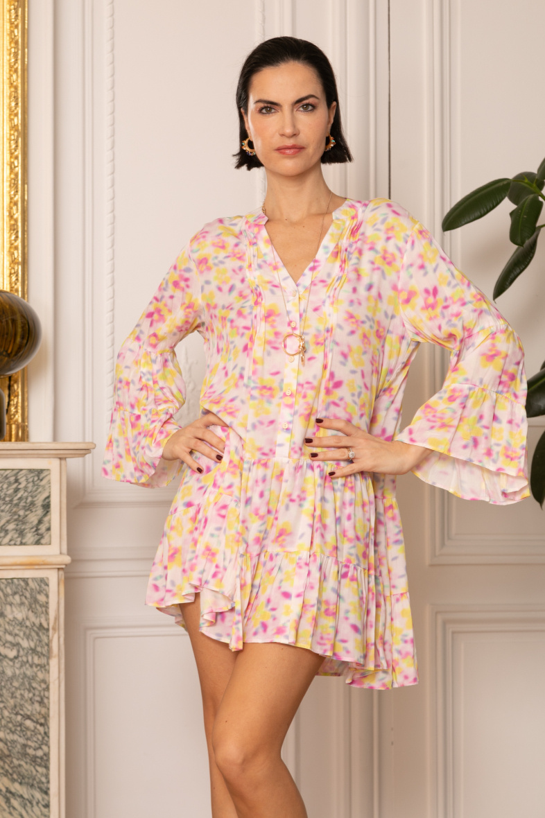 Grossiste Last Queen - Robe tunique à imprimé  boutonnée devant , coupe évasée avec fronces