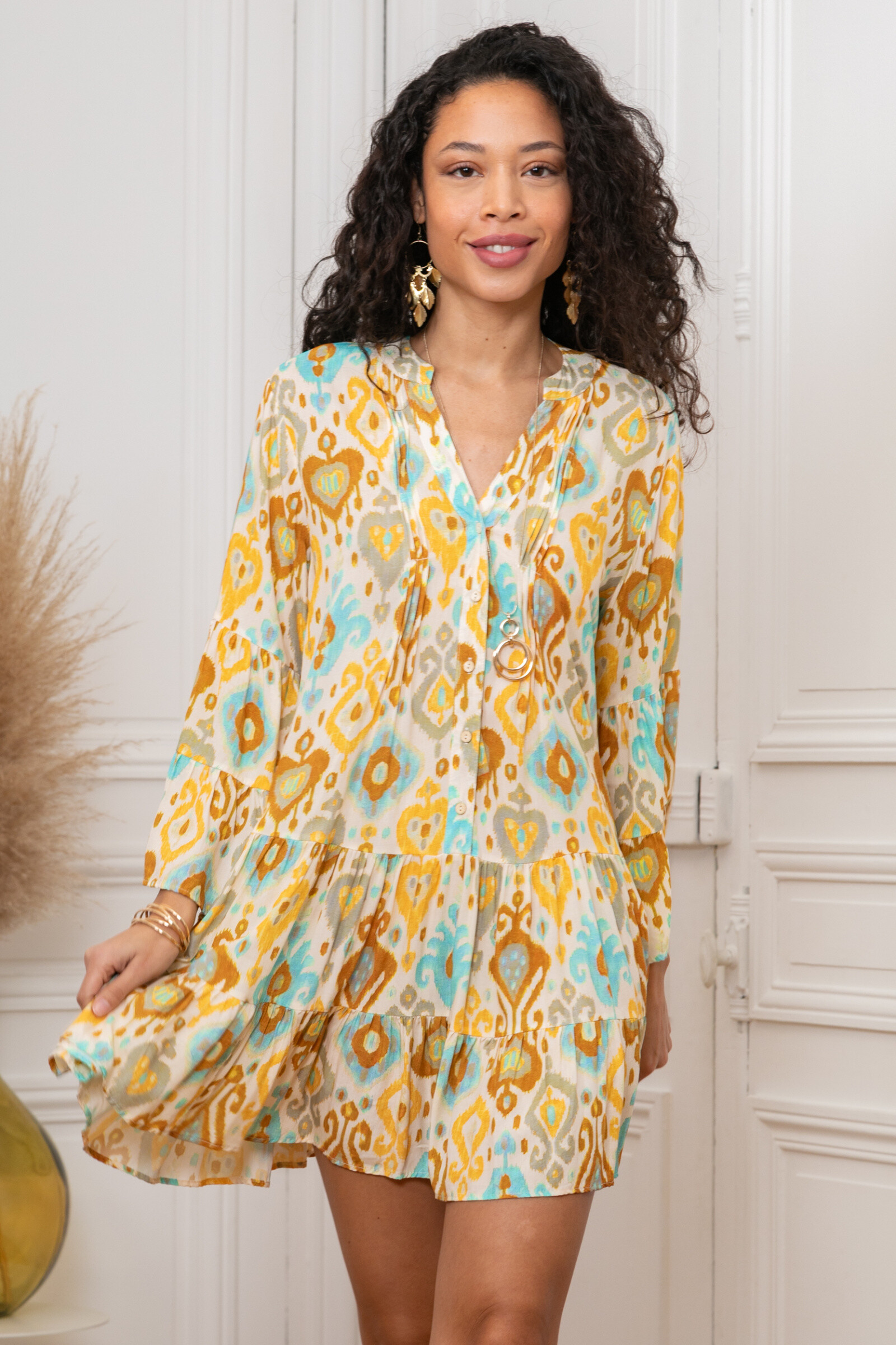 Wholesaler Last Queen - Printed tunic dress, buttoned in front, flared cut with gathers