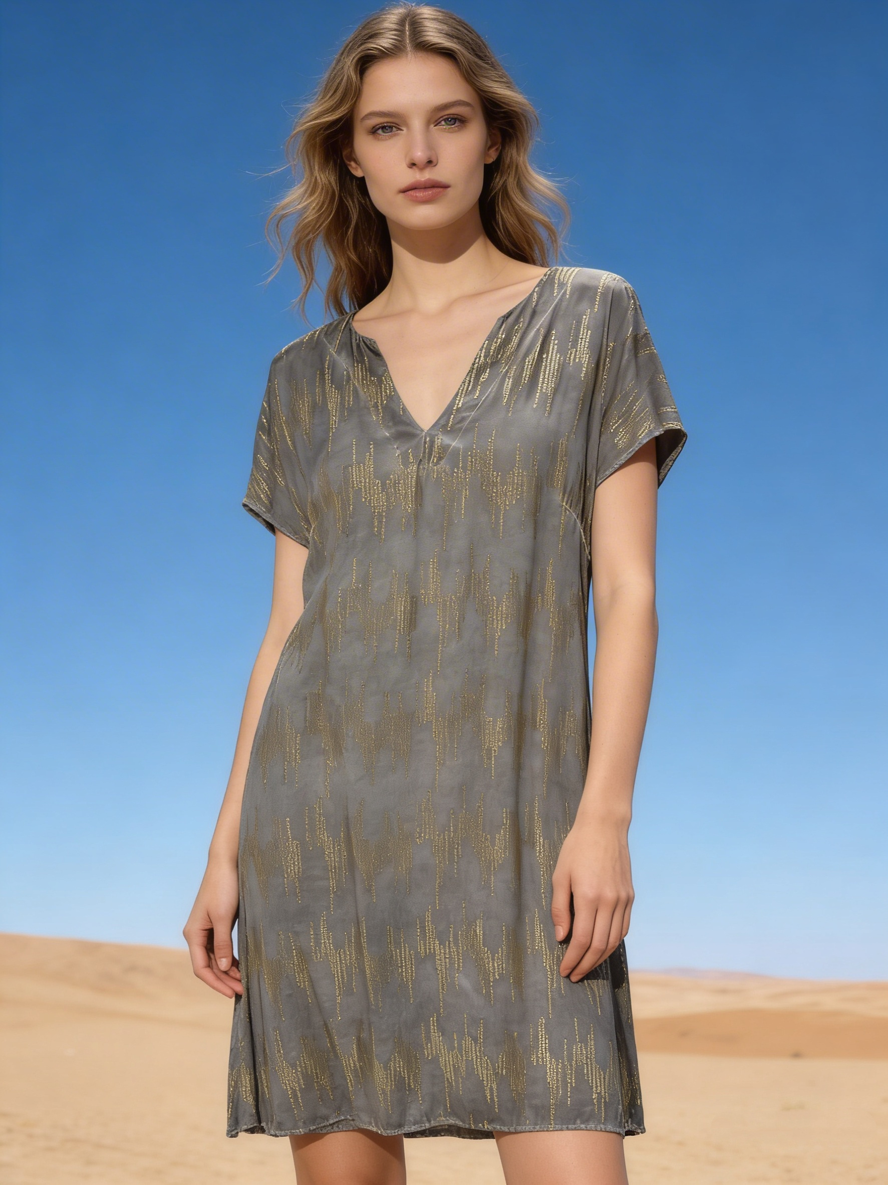 Mayorista Last Queen - Vestido túnica con estampado dorado, escote en V y mangas cortas