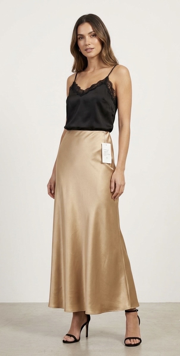 Grossiste LATINO - Jupe longue fluide, satin Camel Grossiste LATINO - Jupe longue fluide, satin Camel