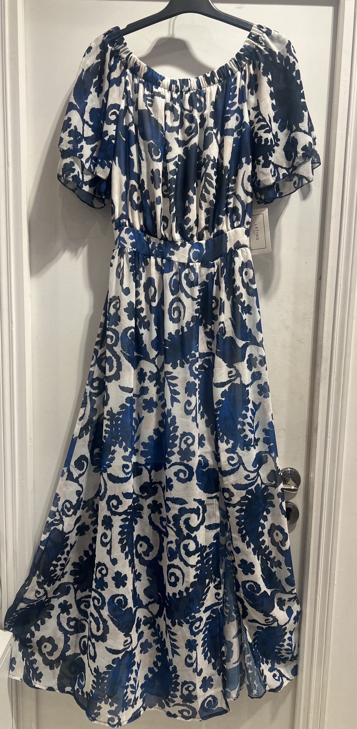 Wholesaler LATINO - Long -bored shoulder dress printed navy