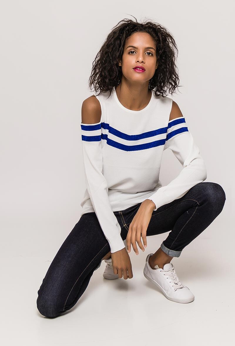Wholesaler Laura & Laurent - Cold shoulder sweater with stripes