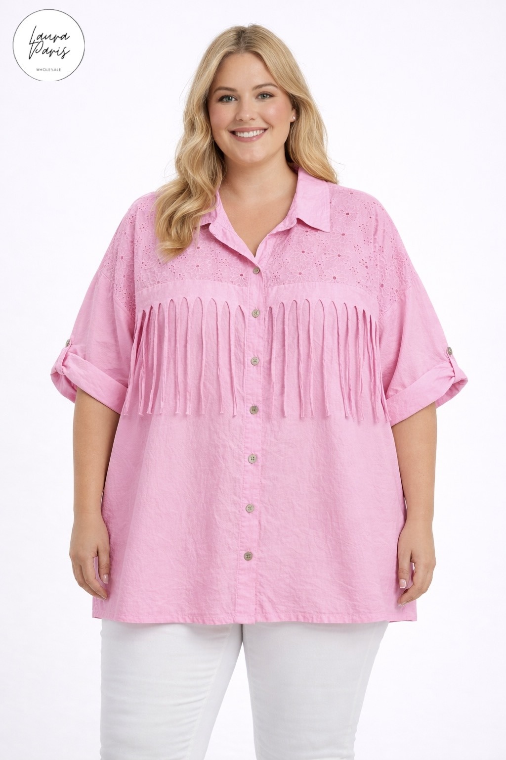 Grossiste LAURA PARIS (MKL) - Chemise avec broderie anglaise et franges (TU)