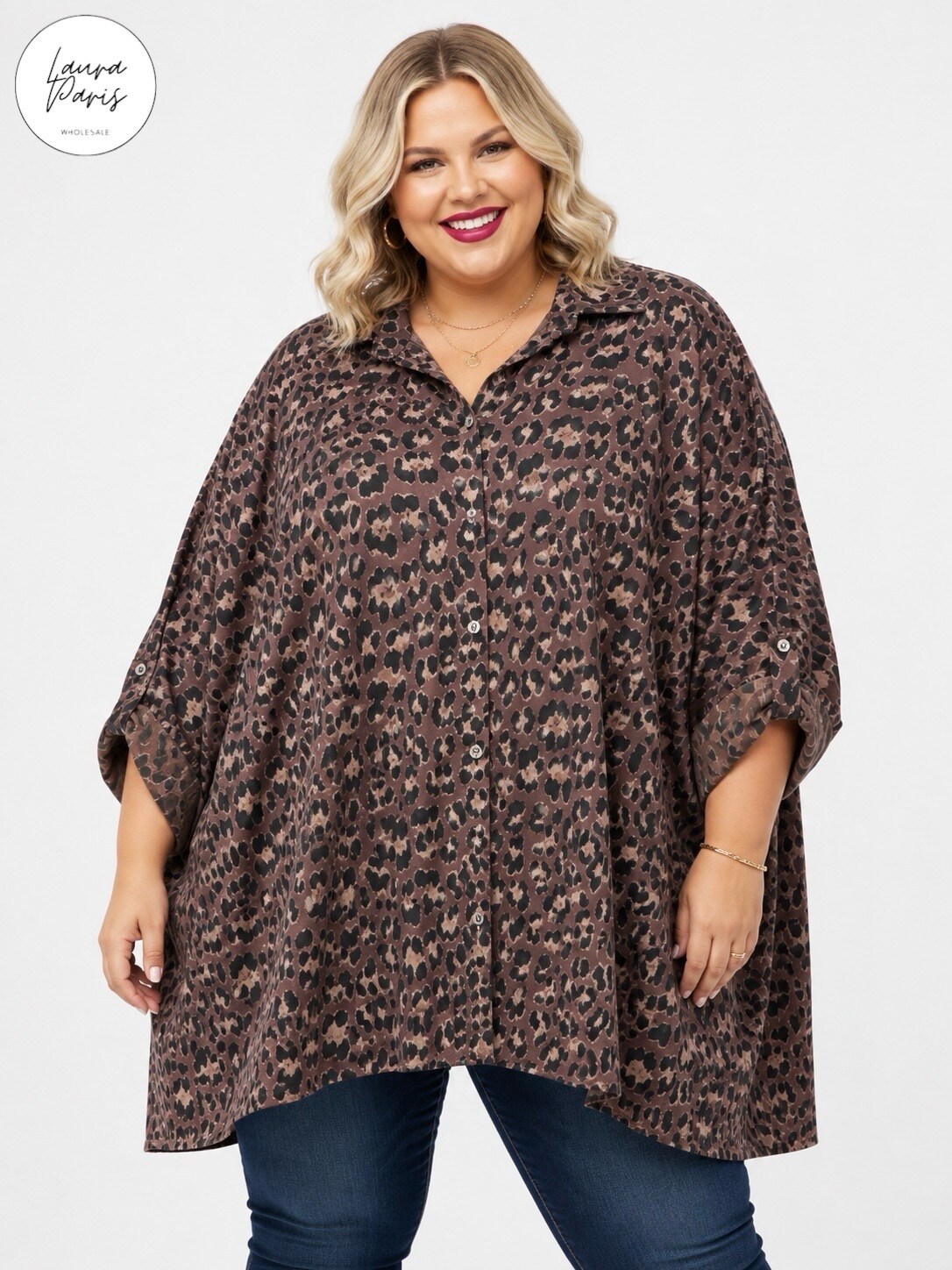 Wholesaler LAURA PARIS (MKL) - Oversized cotton sweatshirt shirt with leopard print (One Size)