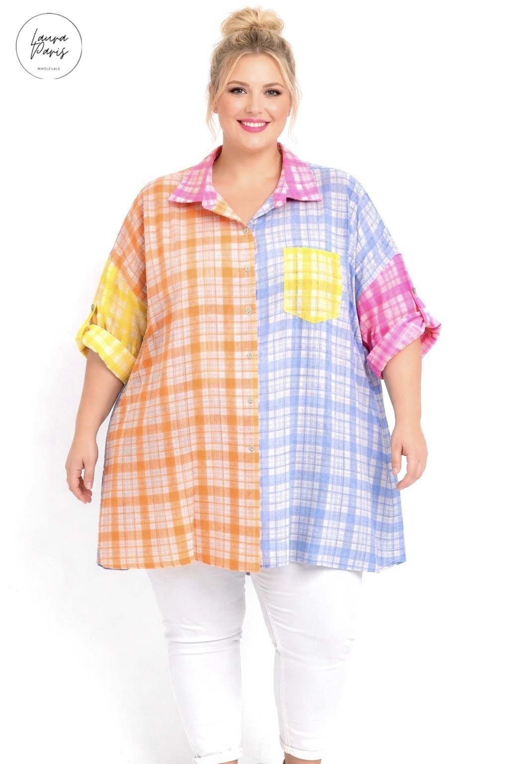 Grossiste LAURA PARIS (MKL) - Chemise légère patchwork à carreaux avec touche de fluo (TU)