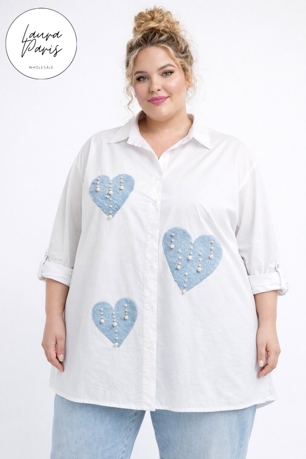 Wholesaler LAURA PARIS (MKL) - Long shirt with large heart flocking and pearls (One Size)