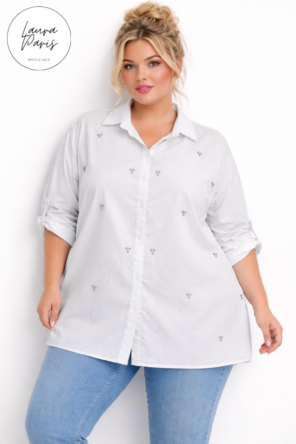 Wholesaler LAURA PARIS (MKL) - Long shirt with silver rhinestones (One Size)