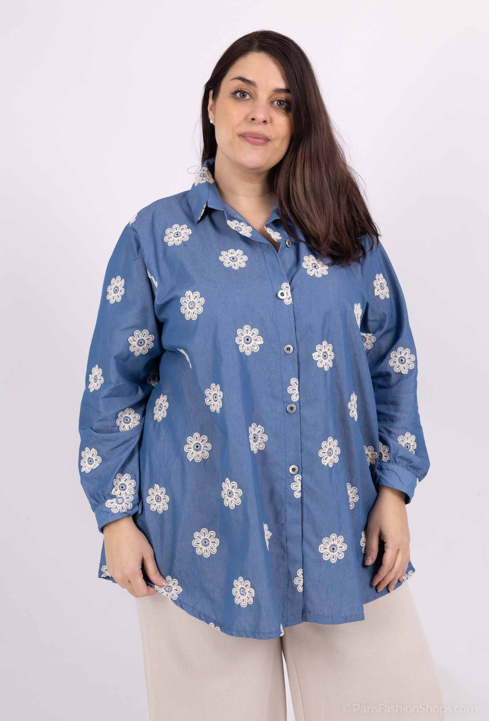 Grossista LAURA PARIS (MKL) - Camicia in denim con ricamo inglese a contrasto