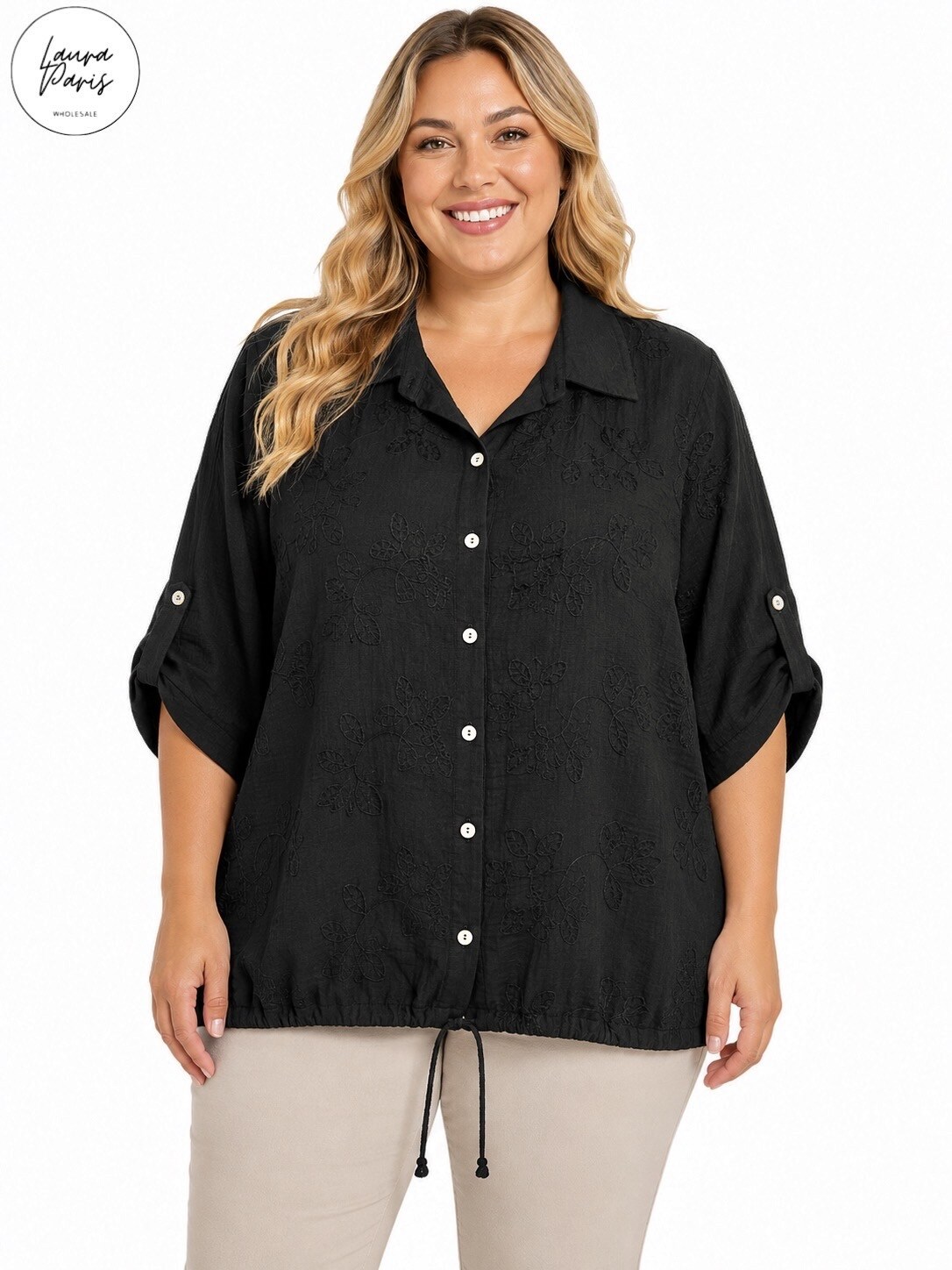 Grossista LAURA PARIS (MKL) - Camicia in crêpe di viscosa con ricami (Taglia Unica)